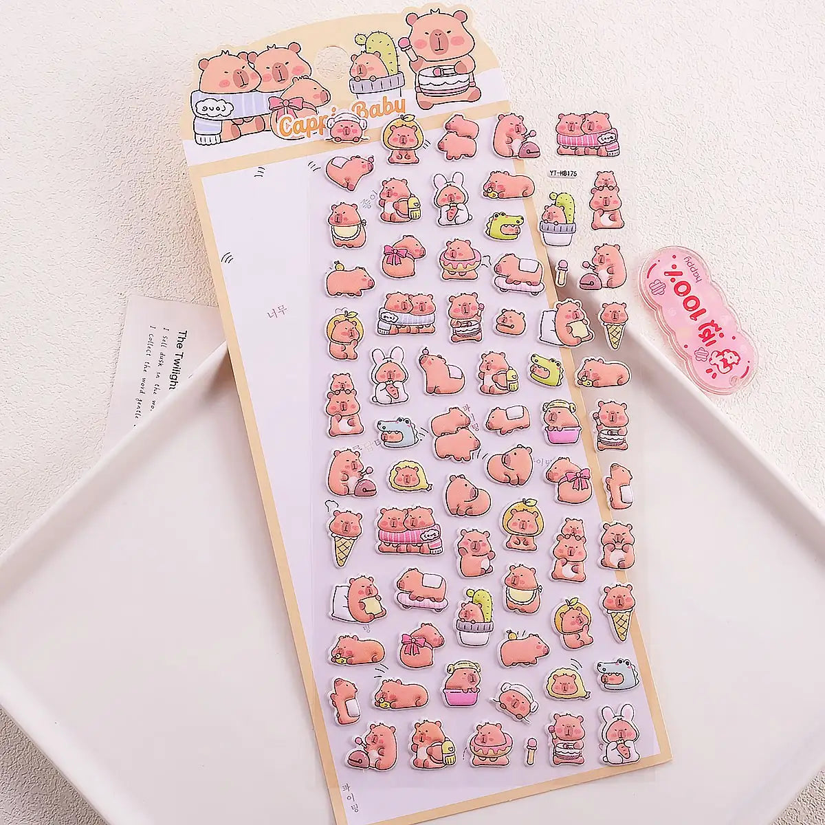 Single sheet of 3D puffy stickers featuring cute Capybara (Cappie Baby) characters in various daily and dessert poses, self-adhesive PVC epoxy resin stickers for DIY crafts and phone case decoration
