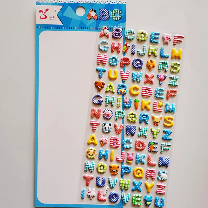 Product display of cute cartoon animal-themed 3D alphabet stickers, showing material (PVC/epoxy resin) and packaging size (200×95mm).