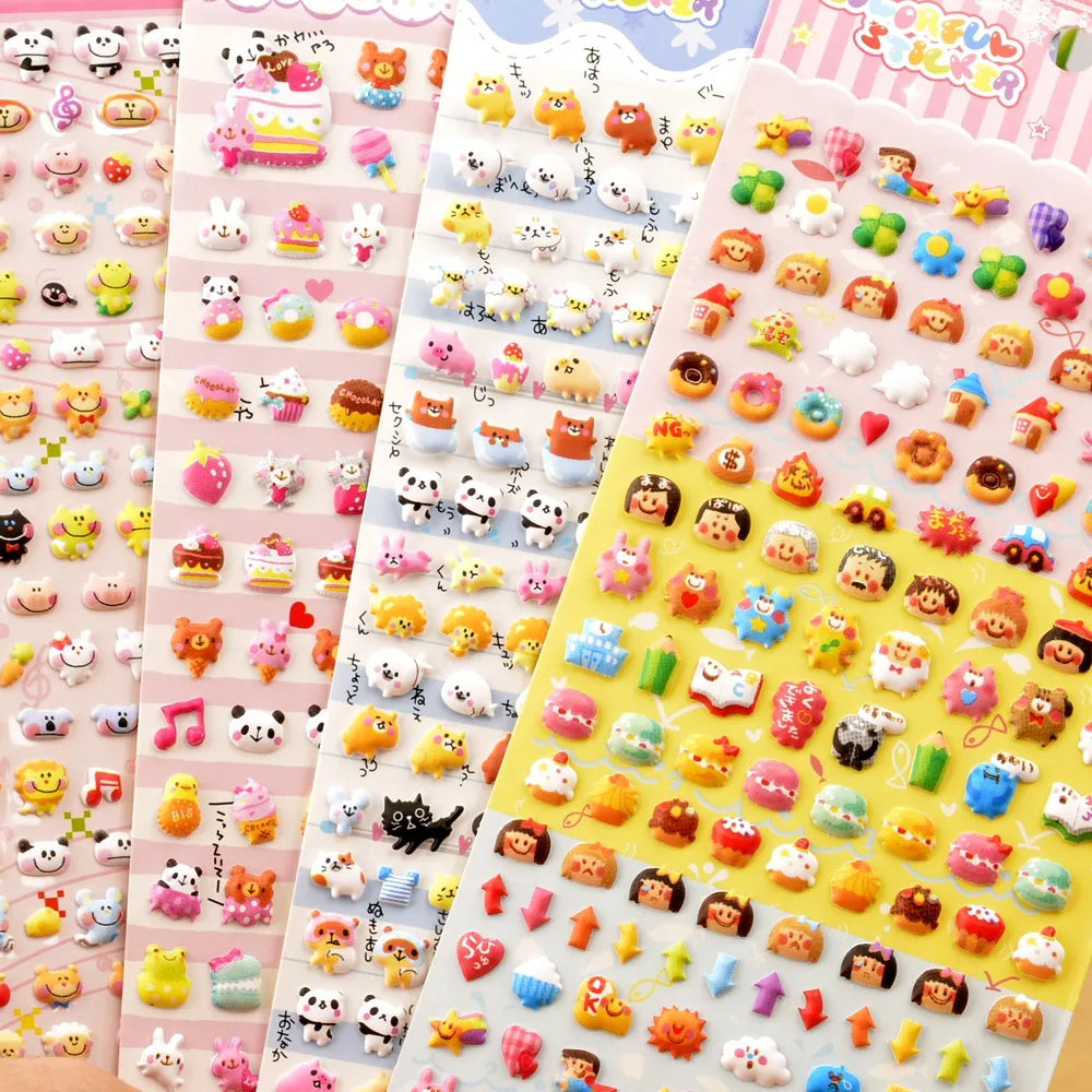 Collection of 3D puffy sticker sheets with cute cartoon characters, animals, and sweet treats, self-adhesive PVC epoxy stickers for DIY crafts and planner decoration
