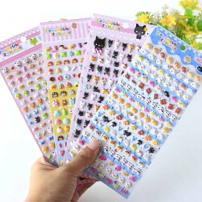 Collection of 3D puffy sticker sheets with cute cartoon animals (cat, dog, panda, rabbit), self-adhesive PVC epoxy stickers for DIY crafts and stationery decoration
