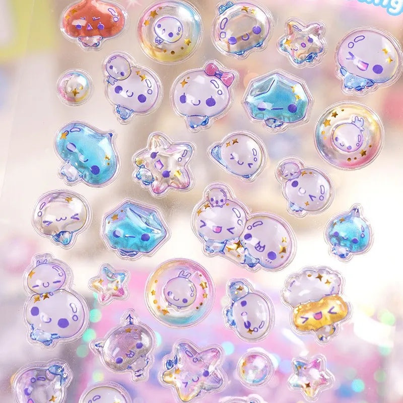 Close-up of 3D crystal clear stickers with adorable pastel character designs, featuring iridescent and glitter effects, self-adhesive PVC epoxy stickers
