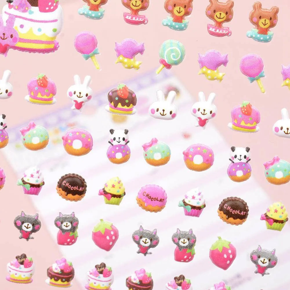 3D puffy stickers with cute cartoon animals (rabbit, panda, cat) and sweet treats (cake, donut, strawberry), self-adhesive PVC epoxy stickers for DIY crafts and planner decoration
