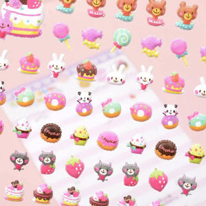 3D puffy stickers with cute cartoon animals (rabbit, panda, cat) and sweet treats (cake, donut, strawberry), self-adhesive PVC epoxy stickers for DIY crafts and planner decoration
