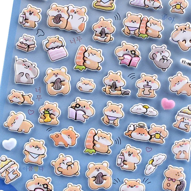 Close-up of 3D puffy hamster stickers, featuring cute cartoon hamsters in daily life scenes with food and playful elements, self-adhesive PVC epoxy stickers
