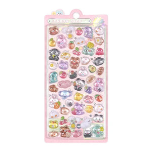 A sheet of 3D resin stickers featuring various cute animals like pandas, monkeys, elephants, and tigers for DIY phone case crafts.