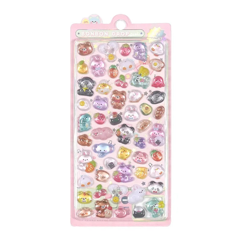 A sheet of 3D resin stickers featuring various cute animals like pandas, monkeys, elephants, and tigers for DIY phone case crafts.