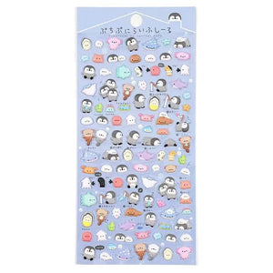 A sheet of 3D resin stickers featuring cute penguins, ice cream cones, and summer sodas in a refreshing blue and pastel theme.