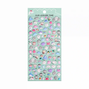 Our Leisure Time" kawaii sticker sheet featuring cute pastel sea creatures and animals, perfect for DIY phone case and craft decoration.
