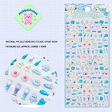 Product display of "Cute Traveler" themed 3D puffy sticker sheet, including material (PVC/epoxy resin) and packaging size (200mm×95mm), cute kawaii stickers for planner decoration
