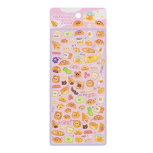 Delicious Food" kawaii sticker sheet with cute bread, pastry, and animal character designs, perfect for DIY phone case decoration.