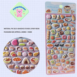 Product info sheet for "Delicious Food" cute kawaii stickers, showing material (PVC/epoxy resin), packaging size, and close-up of sticker details.