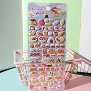 Full sheet display of 3D puffy "Delicious Food" stickers with cute Japanese snack and sushi designs, self-adhesive PVC epoxy resin stickers
