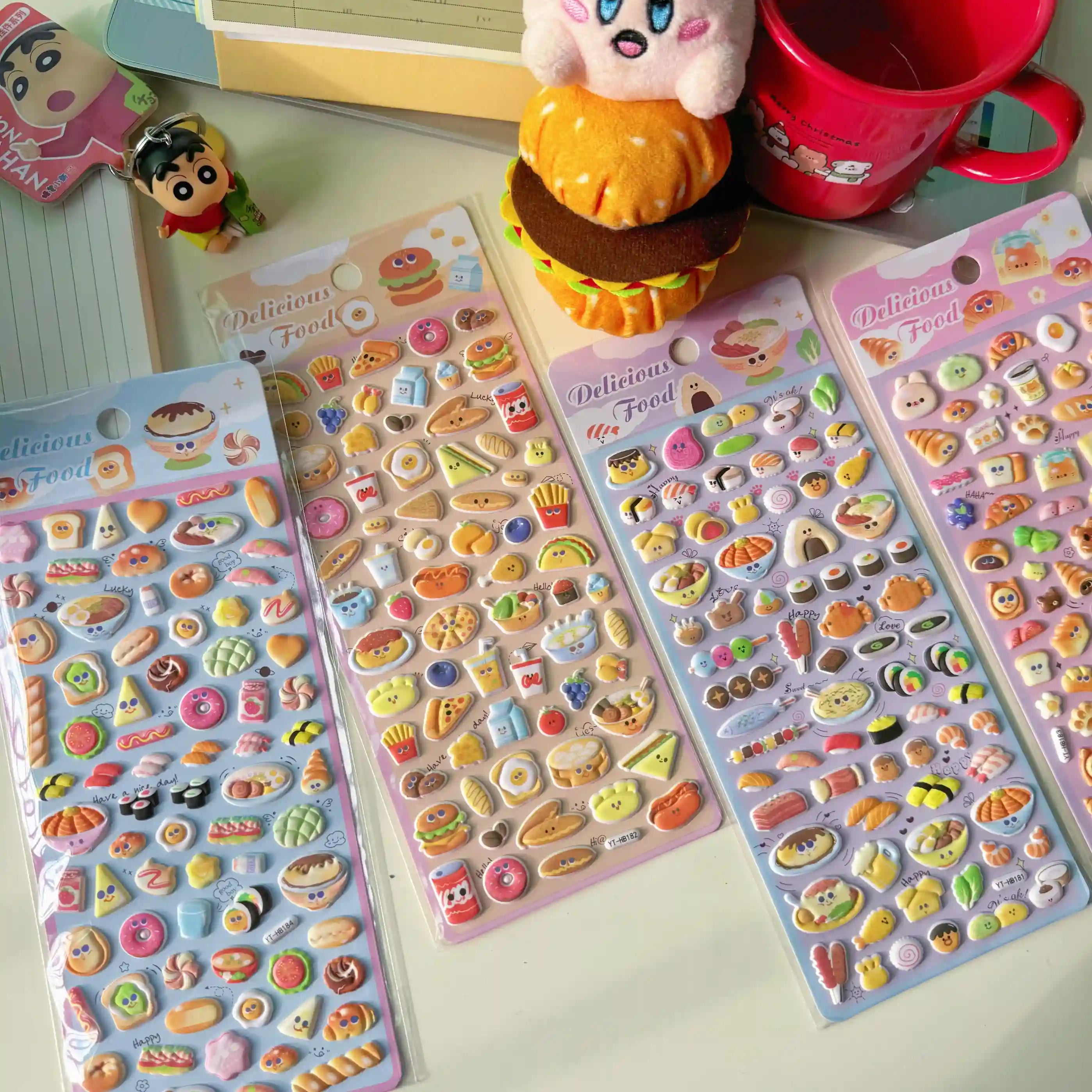 Collection of 3D puffy "Delicious Food" sticker sheets with colorful snack designs (burgers, pizza, bread, etc.), self-adhesive PVC epoxy stickers
