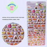 Product display of "Delicious Food" themed 3D puffy sticker sheet, including material (PVC/epoxy resin) and packaging size (200mm×95mm), cute kawaii stickers for planner decoration
