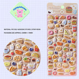 Product display of "Delicious Food" western snack themed 3D puffy sticker sheet, including material (PVC/epoxy resin) and packaging size (200mm×95mm), cute kawaii stickers for planner decoration
