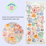 Product display of dessert cat themed 3D crystal puffy sticker sheet, including material (PVC/epoxy resin) and packaging size (200mm×95mm), cute kawaii cat and dessert stickers for planner and DIY craft decoration