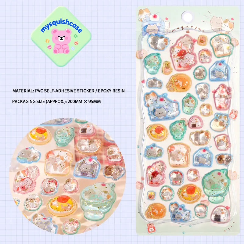 Product display of dessert cat themed 3D crystal puffy sticker sheet, including material (PVC/epoxy resin) and packaging size (200mm×95mm), cute kawaii cat and dessert stickers for planner and DIY craft decoration