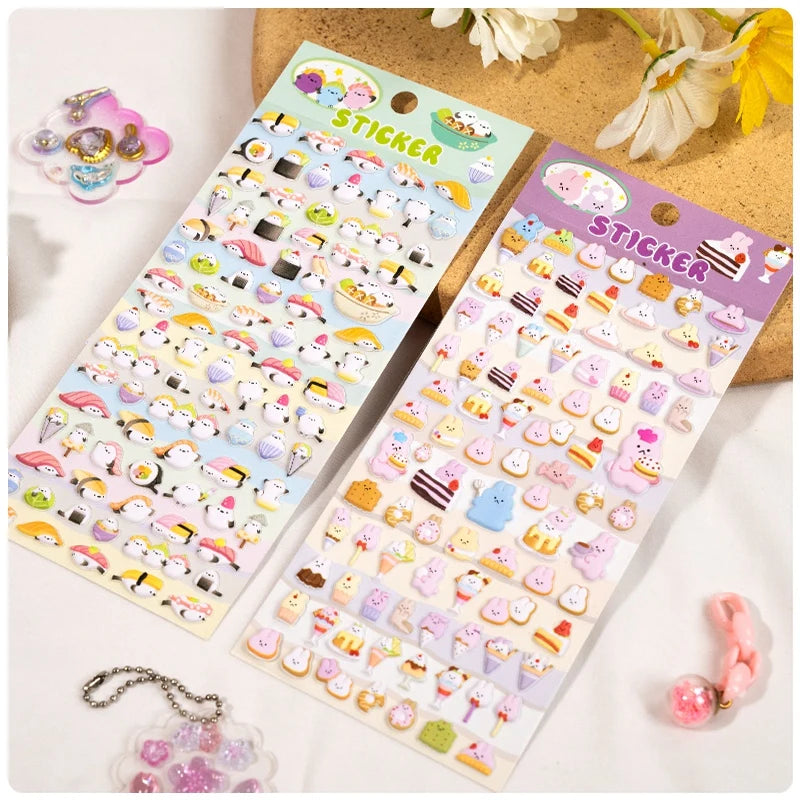 Collection of 3D puffy sticker sheets with cute dessert and pink rabbit designs, self-adhesive PVC epoxy stickers for DIY crafts and stationery decoration