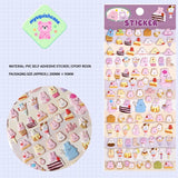 Product display of dessert and pink rabbit themed 3D puffy sticker sheet, including material (PVC/epoxy resin) and packaging size, cute kawaii stickers for DIY phone case and scrapbooking
