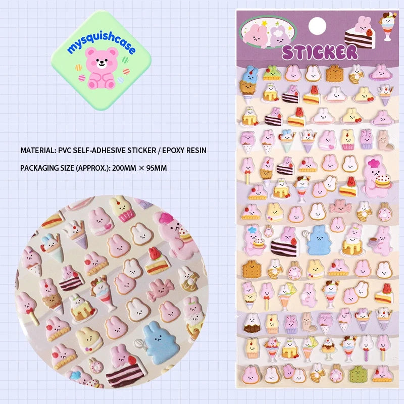 Product display of dessert and pink rabbit themed 3D puffy sticker sheet, including material (PVC/epoxy resin) and packaging size, cute kawaii stickers for DIY phone case and scrapbooking
