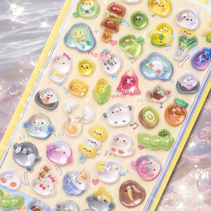 Close-up of 3D crystal clear stickers with adorable dinosaur, gumball machine, and ice cream designs, featuring iridescent and glitter effects, self-adhesive PVC epoxy stickers
