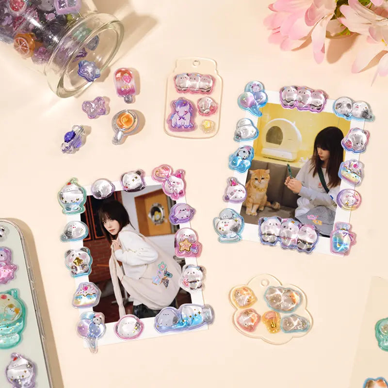 Decorative display of 3D dreamy long-tailed tit crystal stickers used for photo frame DIY, featuring adorable bird and unicorn designs with holographic effects