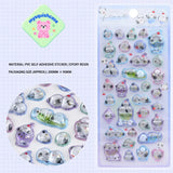 Product display of dreamy long-tailed tit themed 3D crystal puffy sticker sheet, including material (PVC/epoxy resin) and packaging size (200mm×95mm), cute kawaii bird stickers for planner and DIY craft decoration