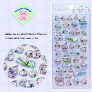 Product display of dreamy long-tailed tit themed 3D crystal puffy sticker sheet, including material (PVC/epoxy resin) and packaging size (200mm×95mm), cute kawaii bird stickers for planner and DIY craft decoration