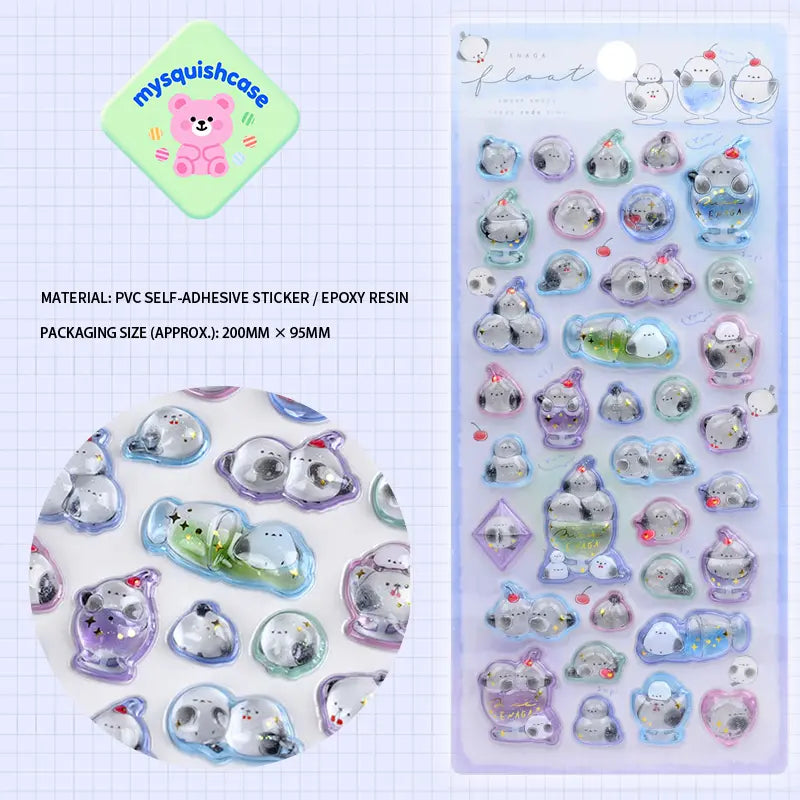 Product display of dreamy long-tailed tit themed 3D crystal puffy sticker sheet, including material (PVC/epoxy resin) and packaging size (200mm×95mm), cute kawaii bird stickers for planner and DIY craft decoration