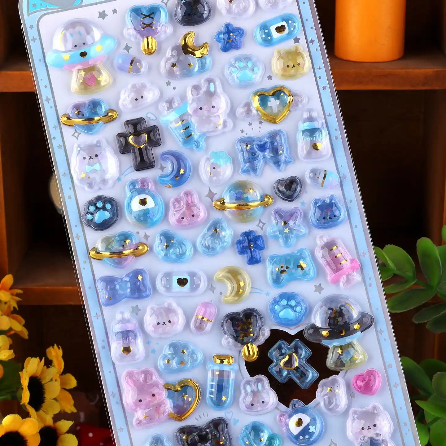 Cute kawaii sticker sheet with dreamy planet, star, and tiny animal designs (rabbit, bear, etc.), perfect for DIY phone case decoration.