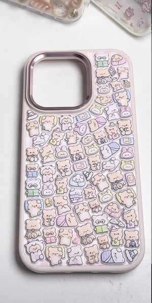 Finished DIY iPhone case with pink frame, decorated with dense mini bear and cute animal stickers, creating a cozy pastel kawaii aesthetic.