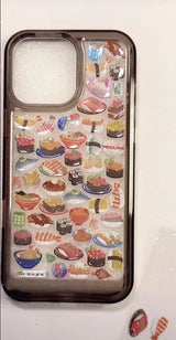 Finished DIY iPhone case with smoky black frame, decorated with glossy Bonbon Drop sushi and Japanese food stickers, creating a vibrant Japanese cuisine aesthetic.