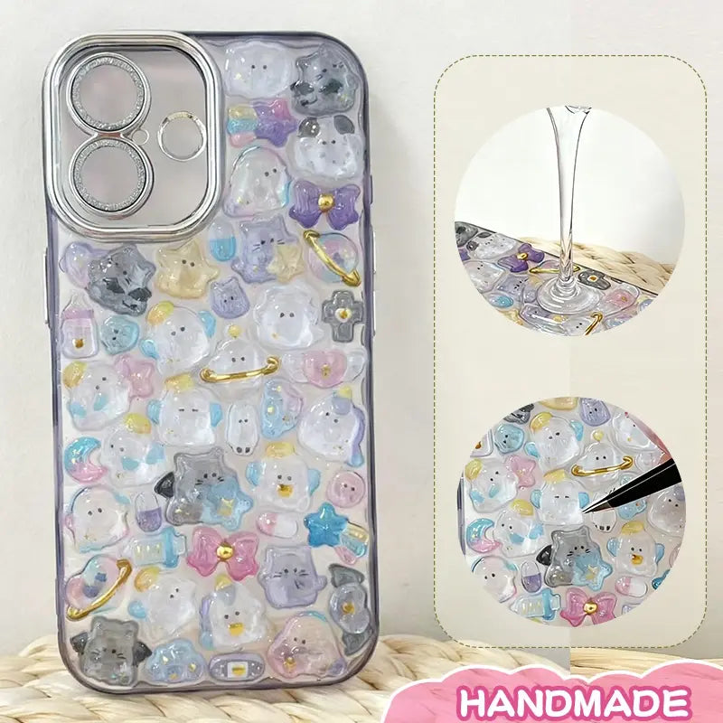 Finished DIY iPhone case with translucent purple frame, decorated with dense dreamy crystal animal stickers, creating a magical pastel aesthetic.
