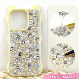 Finished DIY iPhone case with cream yellow bear ear frame, decorated with dense mini multi-breed animal stickers, creating a soft and adorable kawaii aesthetic.
