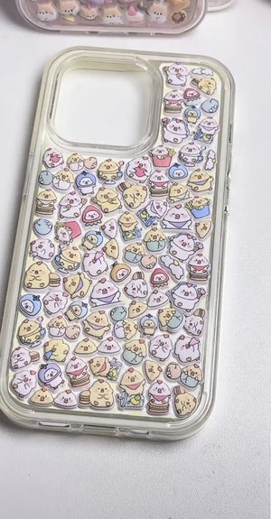 Finished DIY clear iPhone case decorated with dense mini chick and cute animal stickers, featuring a pastel colorful kawaii aesthetic.