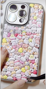 Finished DIY iPhone case with gray frame, decorated with dense mini cute cat and animal stickers, featuring a soft pastel kawaii aesthetic.