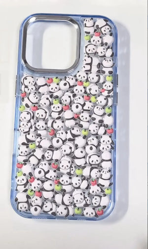 Finished DIY iPhone case with gradient blue frame, decorated with dense mini panda stickers, featuring a cute minimalist black and white panda aesthetic.
