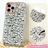 Finished DIY clear iPhone case with pink gradient frame, decorated with dense mini panda stickers, featuring a cute minimalist black and white panda aesthetic.