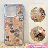 Finished DIY iPhone case with gradient blue frame, decorated with dense glossy Shiba Inu stickers, creating a warm and playful dog paradise aesthetic.
