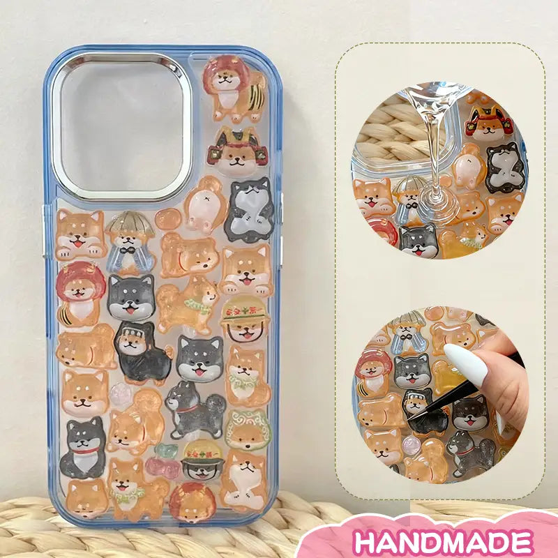 Finished DIY iPhone case with gradient blue frame, decorated with dense glossy Shiba Inu stickers, creating a warm and playful dog paradise aesthetic.