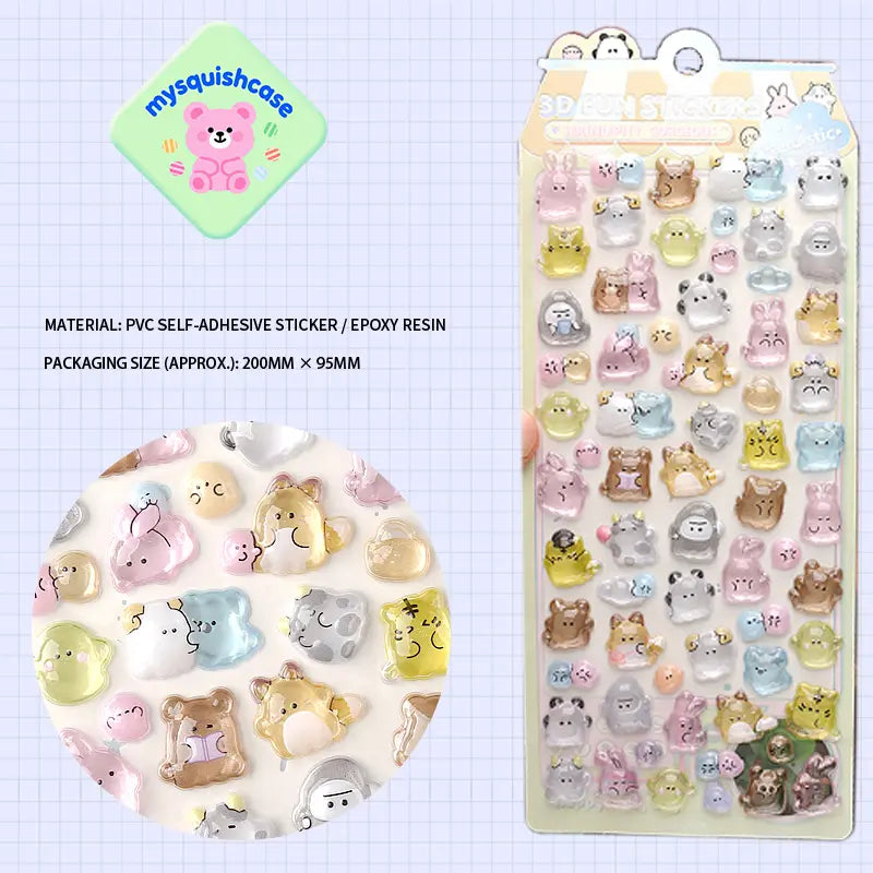 Product display of forest pet themed 3D crystal puffy sticker sheet, including material (PVC/epoxy resin) and packaging size (200mm×95mm), cute kawaii animal stickers for planner and DIY craft decoration
