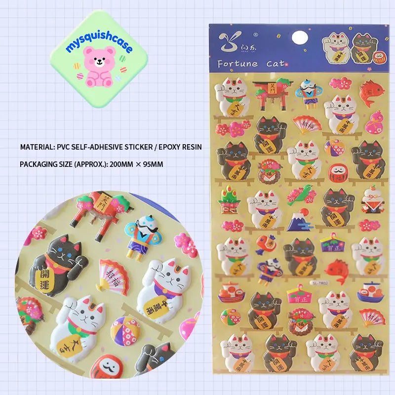 Product info sheet for Japanese-style "Fortune Cat" 3D stickers, showing material (PVC/epoxy resin), packaging size, and detailed sticker designs.