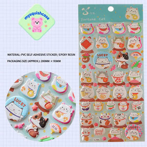 Product info sheet for "Fortune Cat" 3D stickers, showing material (PVC/epoxy resin), packaging size, and sticker details.