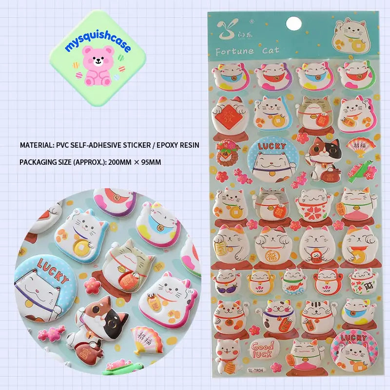 Product info sheet for "Fortune Cat" 3D stickers, showing material (PVC/epoxy resin), packaging size, and sticker details.