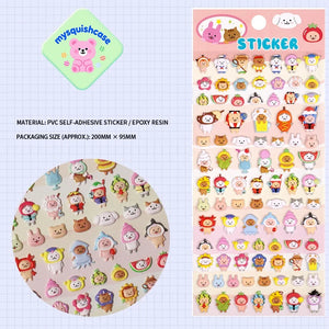 Product display of fruit costume animal themed 3D puffy sticker sheet, including material (PVC/epoxy resin) and packaging size, cute kawaii stickers for DIY phone case and scrapbooking

