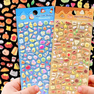 Handheld display of 3D puffy "Mini Cute Stickers" with adorable fruit and bread designs, self-adhesive PVC epoxy resin stickers for DIY crafts
