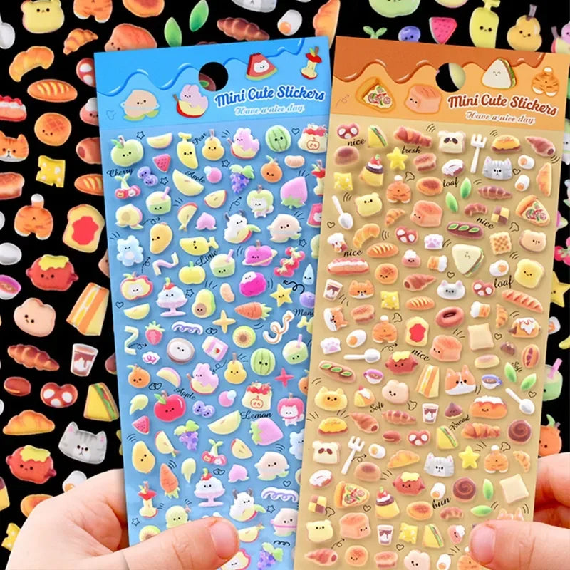Handheld display of 3D puffy "Mini Cute Stickers" with adorable fruit and bread designs, self-adhesive PVC epoxy resin stickers for DIY crafts
