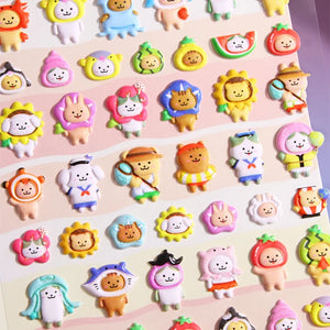 Close-up of 3D puffy stickers with cute cartoon animals in watermelon, strawberry, and sunflower costumes, self-adhesive epoxy PVC stickers for phone case decoration
