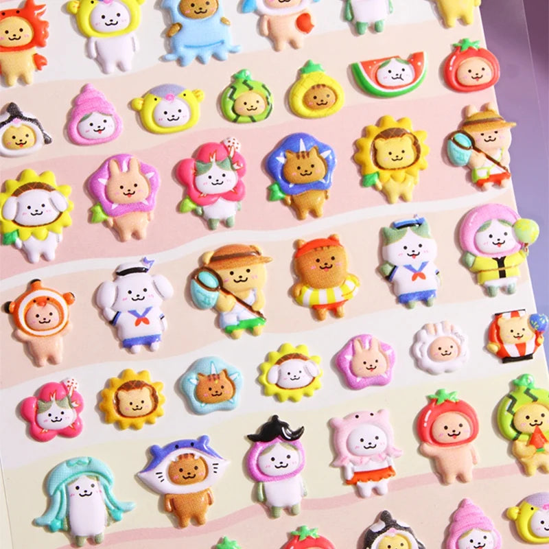 Close-up of 3D puffy stickers with cute cartoon animals in watermelon, strawberry, and sunflower costumes, self-adhesive epoxy PVC stickers for phone case decoration

