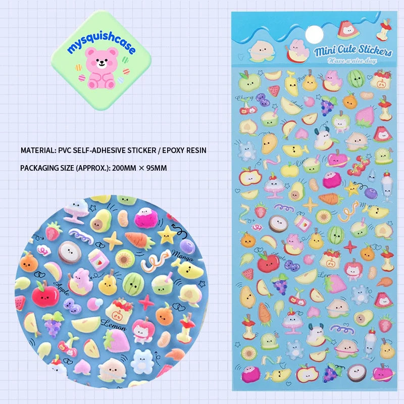 Product display of fruit themed 3D puffy sticker sheet, including material (PVC/epoxy resin) and packaging size (200mm×95mm), cute kawaii stickers for phone case decoration
